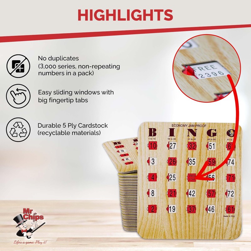 MR CHIPS Jam-Proof Bingo Cards with Sliding Windows, 50 Reusable