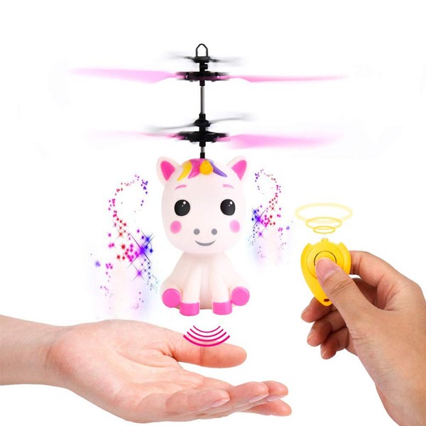 Guanan Mini flyer Licorne avec télécommande et câble USB, Licorne volante avec effet lumineux LED et hélice commandée à la main, enfants, filles à partir de 6 ans
