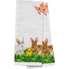 Snuggle bunny White-Green-Yellow Watercolor Hanging with Peeps Kitchen Towels - Set of 2, 18x28”