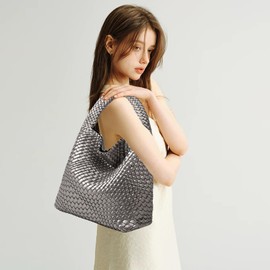 Women Vegan Leather Hand-Woven Tote Handbag Fashion Shoulder Top-handle Bag All-Match Underarm Bag with Purse (Gun silver)