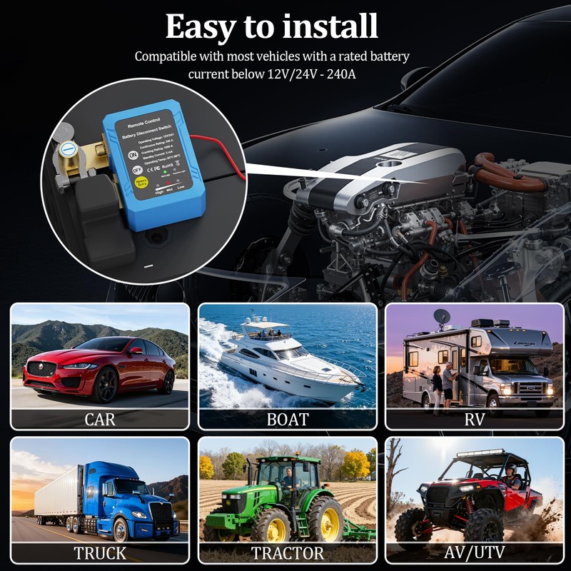 Remote Battery Disconnect Switch 12V, 240A, Kill Switch for Car