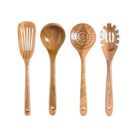MAXCOOK Acacia Wooden Utensil Set, 4 Piece Wood Kitchen Utensils Includes Spaghetti Spoon, Soup Ladle, Strainer Spoon & Wooden Spatula, Non Toxic Heat Resistant Wooden Cooking Utensils Set for Kitchen