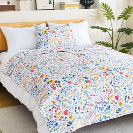 ROMROL Quilt Set Twin Size Floral Quilt Bedding Set 2 Pieces Quilted Bedspread Lightweight Coverlet Set Garden Patchwork Style Soft Reversible Quilted Sets with 1 Pillow Shams for All Season(68*86”)