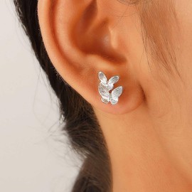 Cybche Double Small Butterfly Earrings Butterfly Stud Earrings Silver Small Butterfly Earrings Textured Butterfly Earrings Jewellery for Women, Zinc, No Gemstone