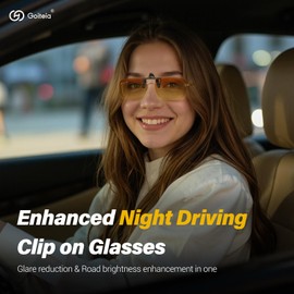 Goiteia Polarised Clip on Night Driving Glasses for Men Women,2-in-1 Orange-Yellow Lens Block 87% of Headlights Glare,Easy to Flip up with One Hand