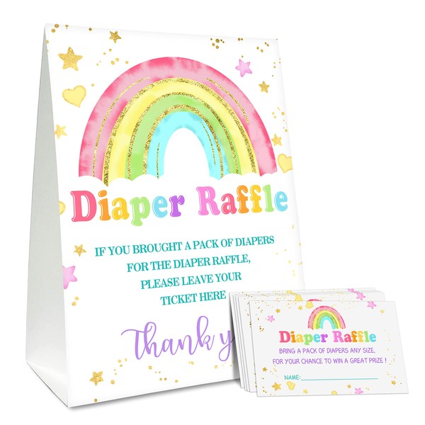 Diaper Raffle Baby Shower Game, 1 Standing Sign and 50 Tickets, Rainbow Theme Gender Neutral For Boys or Girls, Bring A Pack of Diapers for Mom-To-Be, (011)