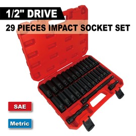 GOSWIFT 29pcs 1/2" Drive Impact Socket Set, Deep & Standard Sockets with Extension Bars, Cr-V Steel, SAE 3/8"-1", Metric 10mm-24mm