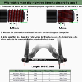 MUQZI Bicycle Roller Trainer Thru Axle, M12 x 1.5 Thru Axle Adapter for Rear Wheel Attachment Trainer Indoor 160-172 mm