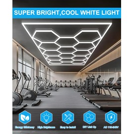 Garage Lights Hexagon led Lights DIY Ceiling LED Shop Light 91630LM for Basement Warehouse Workshop Barbershop Car Care Wash Room Auto Beauty Gym Exhibition Hall 14 Grids with Rectangle Frame 6500K
