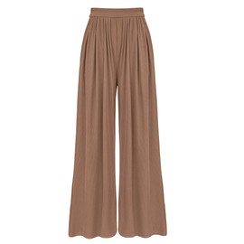 BTFBM Women's Casual Wide Leg Pants Summer Fall Clothes Pleated Elastic Waist Loose Palazzo Knit Trousers with Pockets(Solid Khaki, Small)