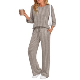 LILLUSORY Womens 2 Piece Lounge Sets Matching Outfits 3/4 Sleeve Pajamas 2025 Vacation Comfy Casual Fall Clothes Sweatsuits Trendy Loungewear Travel Soft Sleepwear Khaki M