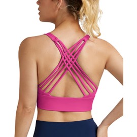 QUEENIEKE Strappy Longline Sports Bras for Women - Wirefree Spaghetti Criss Cross Workout Gym Yoga Free to Be Bra (Hot Pink, Large)
