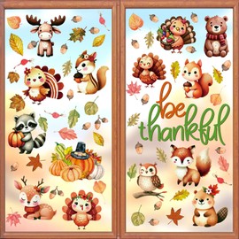Ausril Thanksgiving Fall Window Cling,Autumn Pumpkin Wall Decals,Be Thankful Stickers,Autumn Animals Window Decal,Turkey Squirrel Decor For Glass,Fall Harvest Wall Sticker for Home School Office Party
