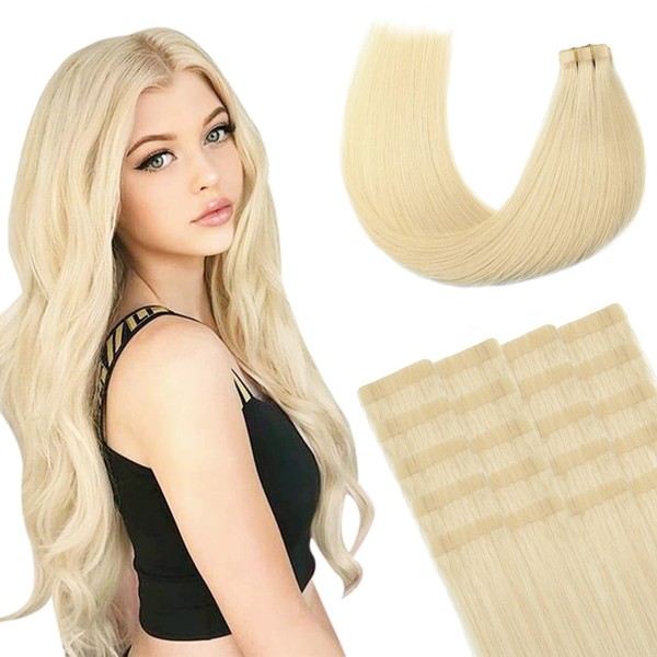 HUAYI Hair Extensions Tape in Human Hair Platium Blonde 22in Tape in Hair Extensions 20pcs 60g/set Seamless Straight 100% Natural Hair Extensions for Women(60g/set, 2-3packs for full head)