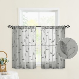 HOMEIDEAS - Cortinas de cocina color gris de 36 pulgadas de largo, 2 paneles de cenefa semipresinas pequeñas para ventana de baño, hojas bordadas, cortinas cortas para café