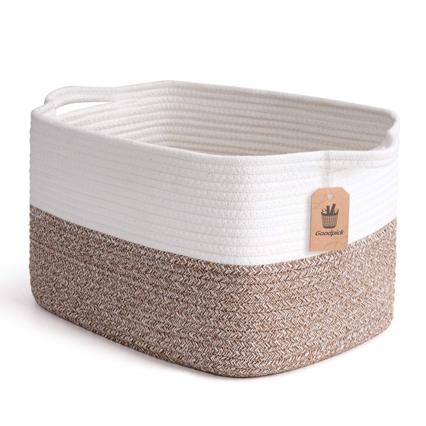 Goodpick Cotton Rope Basket, Woven Storage Basket for Office Baby Laundry Basket Wicker Basket Cube Storage Bin for Towel Book Dog Toy Basket Nursery Laundry Hampers White Brown, 13''x9.8''x 9''