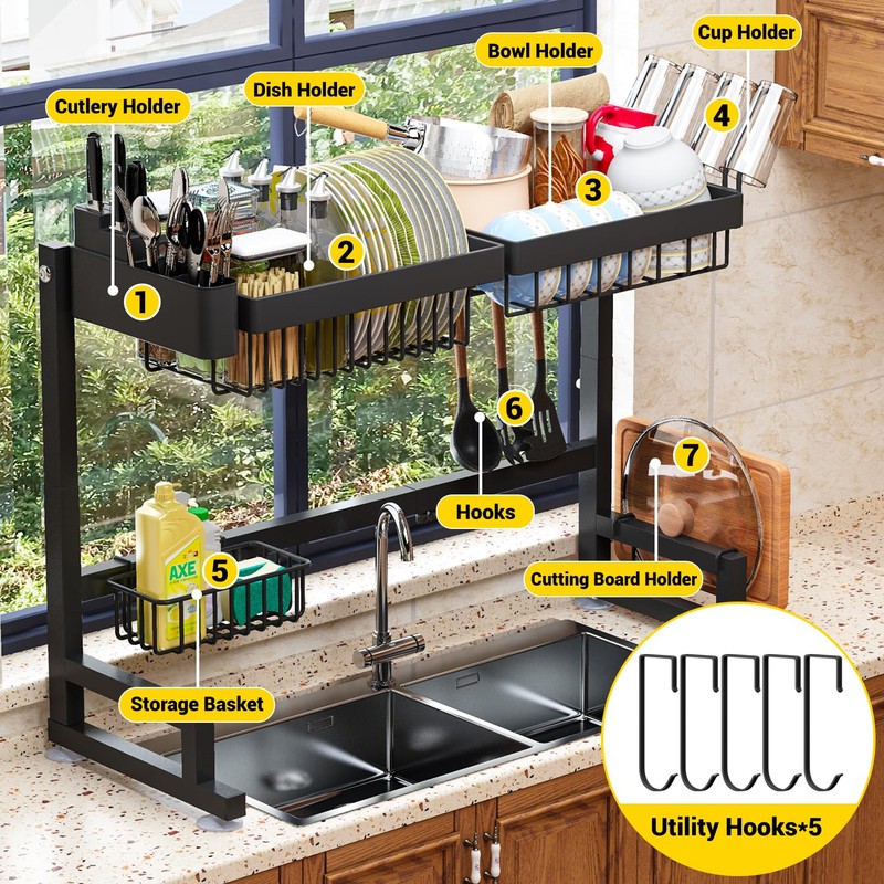 ilvvan Over Sink Dish Drying Rack (Expandable Height/Length) Snap-On Design