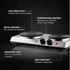 OVENTE Electric Countertop Double Burner, 1700W Cooktop with 7.25" and 6.10" Cast Iron Hot Plates, Temperature Control, Portable Cooking Stove and Easy to Clean Stainless Steel Base, Silver BGS102S