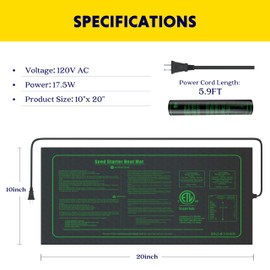 iPower Upgrade 10" x 20" Durable Waterproof Seedling Heat Mat with ETL Certified, Warm Hydroponic Heating Pad for Germination, Indoor Gardening, Brewing and Seed Starting