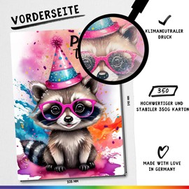 celebr8te 12 x Party Racoon Raccoon Glitter Invitation Cards – Teenager Children's Birthday Boys & Girls – Cool Animal Birthday Invitations Including Messenger Picture & Holiday Voucher
