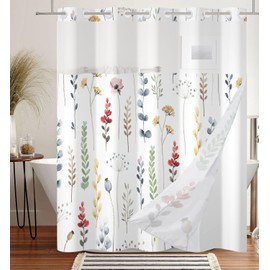 DASHAN No Hook Shower Curtain with Snap in Liner, Floral Shower Curtains for Bathroom, Spring Botanical Bath Curtain Plant Bathroom Curtain Hotel Fabric Shower Curtain 71"x74"