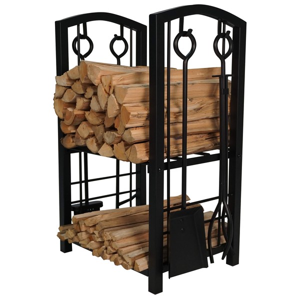 Fire Beauty Fireplace Log Rack with 4 Tools Fireside Firewood Holders Lumber Storage Stacking Black Wrought Iron Heavy Duty Logs Bin Holder for Fireplace Tool