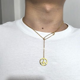 Peace Sign Necklace Stainless Steel Paper Clip Safety Pin Lariat Necklace for Women Men Peace Sign Symbol Necklace Protection Guard Jewelry