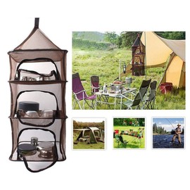 VIONNPPT Hanging Drying Nets 4 Compartments Dry Mesh Storage Vegetable Kitchen Utensils Hanging Basket for Camping, Travel, Fishing, Barbecue, etc Brown