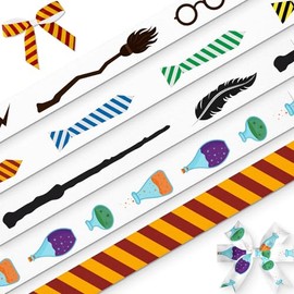 NUVCELKA 5 Pack Wizard School Satin Ribbon - Magic Theme (Broomstick, Wand, House Ties, Potion Bottles, Red Gold Stripes) 5/8" x 3 Yards Each - DIY Crafts, Party Supplies