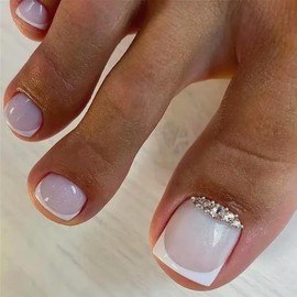 Stick on Toenails - 24pcs Nude Color Fake Toe Nails - False Toenails with Rhinestones - Short Square Press on Toes Nails - Glitter Acrylic Full Cover French Tip Toenails for Women Girls in 12 Sizes