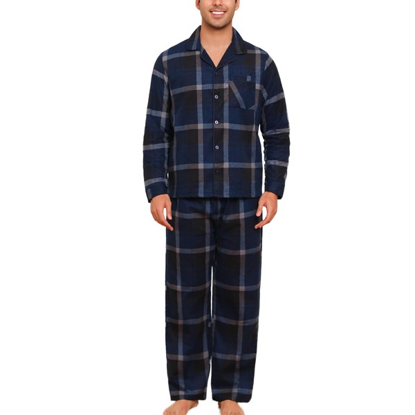 ENJOYNIGHT Mens 100% Cotton Flannel Pajamas Set Plaid Button Pjs