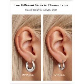 Chriscoco Sterling Silver Hoop Earrings for Women Chunky Gold Silver Hoop Earrings, 14K Gold Plated Hypoallergenic Huggie Hoops Earring Lightweight Thick Earring for Women Girls, 25MM-S