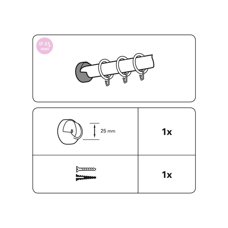 GARDINIA Wall Bracket for Curtain Rods with Diameter 25 mm,