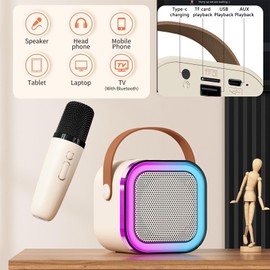 Kids Karaoke Machines with 2 Wireless Microphones, Portable Karaoke Machine with Bluetooth Speaker with LED Light/Voice Changer Mic/Present for Kids Boys Girls Families Birthday Party (Beige)