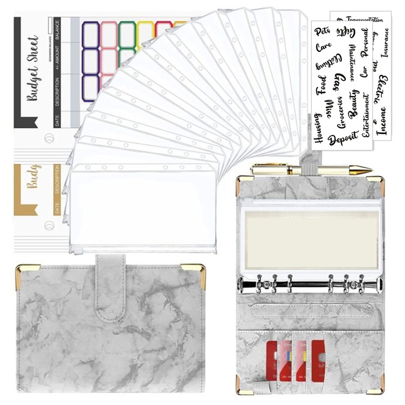 A6 Binder Budget Book Portable Marble Grain Notebook PU Leather