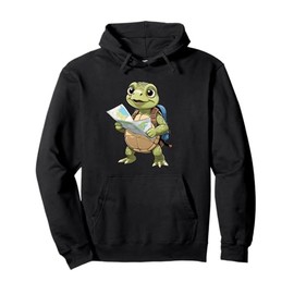 Cartoon Turtle Traveling With Map And Backpack Illustration Pullover Hoodie