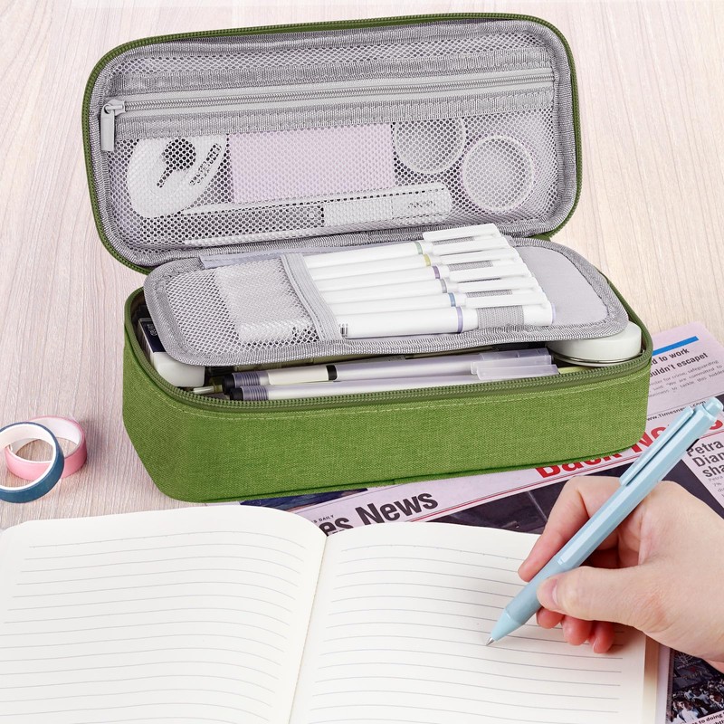 WEMATE Pencil Case, 5 Compartments, Large Capacity, Green