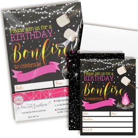Backyard Bonfire Camping Under The Stars Birthday Party Invitations for Girls, 20 5"x7" Fill in Cards with Twenty White Envelopes by AmandaCreation