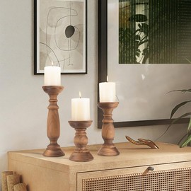 Rustic Wooden Pillar Candle Holders Set of 3, 12'' 9'' 6'' Farmhouse Wood Candle Stand for Table Centerpieces, Vintage Tall Candleholders Fireplace Mantel Decor for Living Room, Brown