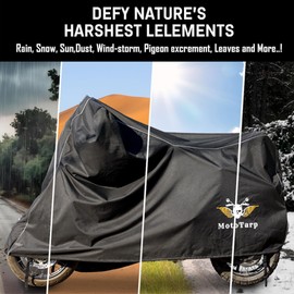 MotoTarp 600D Heavy Duty Motorcycle Cover 100% Waterproof; License Plate Window, Exhaust Heat Guard, Night Reflectors, Wheel Lock Slots (Black, Large 86X37X43)