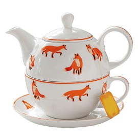 Bicuzat Orange Fox Pattern Tea Set, Ceramic Teapot, Cup & Saucer Set for Afternoon Tea Time, Office Time