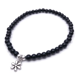 Daisy Flower Charm Anklet with 6mm Black Acrylic Beads on Elastic - Size M 10 inches