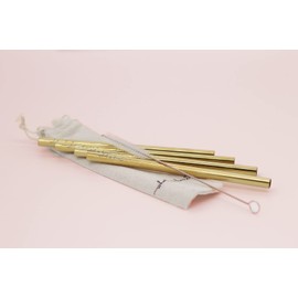 WHATAKANT - Wellenreiter Gold Straws | Set of 4 in Gold | Sustainable Straight Straws with Cotton Bag & Cleaning Brush | Reusable Plastic-free Stainless Steel Drinking Straws | 15.5 cm Length