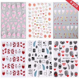 Valentines Day Nail Art Stickers Decals, Love Heart Nail Decorations, 3D Self-Adhesive Red Pink Hearts Lips Nail Supplies, Valentines Nail Accessories for Women Girls 6 Sheets
