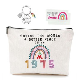 EVIMAR 1975 Birthday Gift Set - Making The World Better Printed Cosmetic Bag, 2 Smile Cards & Humorous Keychain, 50th Present for Mum Her​