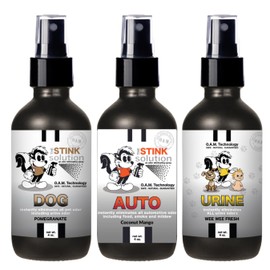 The Stink Solution Car, Dog, & Urine Odor Eliminator Spray | Multi-Purpose Urine Smell Remover, Pet Deodorizer, & Car Freshener | 3 4 oz Bottles in Coconut Mango, Pomegranate, & Wee Wee Fresh Scents