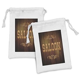 Lunarable Western Fabric Pouch Set of 2, Wooden Sign Saloon and Curly Ornaments on a Wood Wall Classic American Bar Print, Small Drawstring Bag for Toiletries Masks and Favors, 9" x 6", Brown Caramel