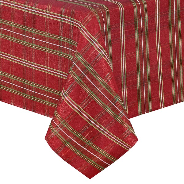 Elrene Home Fashions Shimmering Plaid Holiday Fabric Tablecloth, 60" x 102", Red