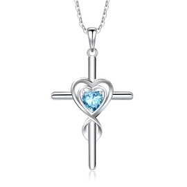 RIVIKO Cross March Birthstone Necklace for Women,925 Sterling Silver Heart Pendant Necklaces Trendy,Cross Jewelry Anniversary Birthday Christmas Day Jewelry Gifts for Mom Wife Girlfriend Her