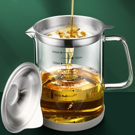 1.5L/50oz Glass Bacon Grease Container with Strainer, Cooking Oil Storage Can with Fine Mesh Filter and Scale, Lid and Easy-Grip Handle,Fat Separator for Storing Fats, Frying Oil and Cooking Grease